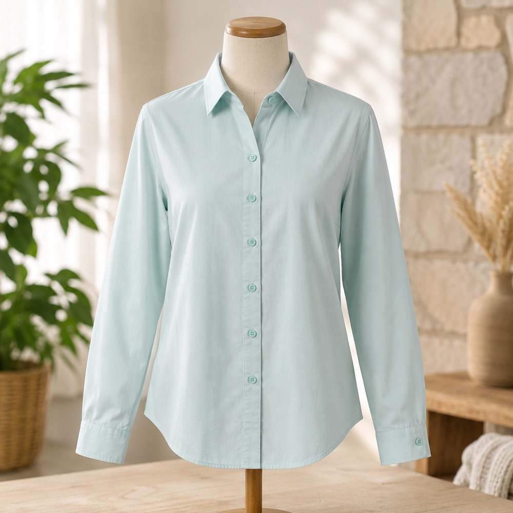 Coldwater Creek Button Down Shirt Womens 4 Blue No Iron Long Sleeve Point Collar